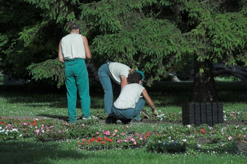 Volunteer group arranging plants and tools at a neighbourhood gardening event